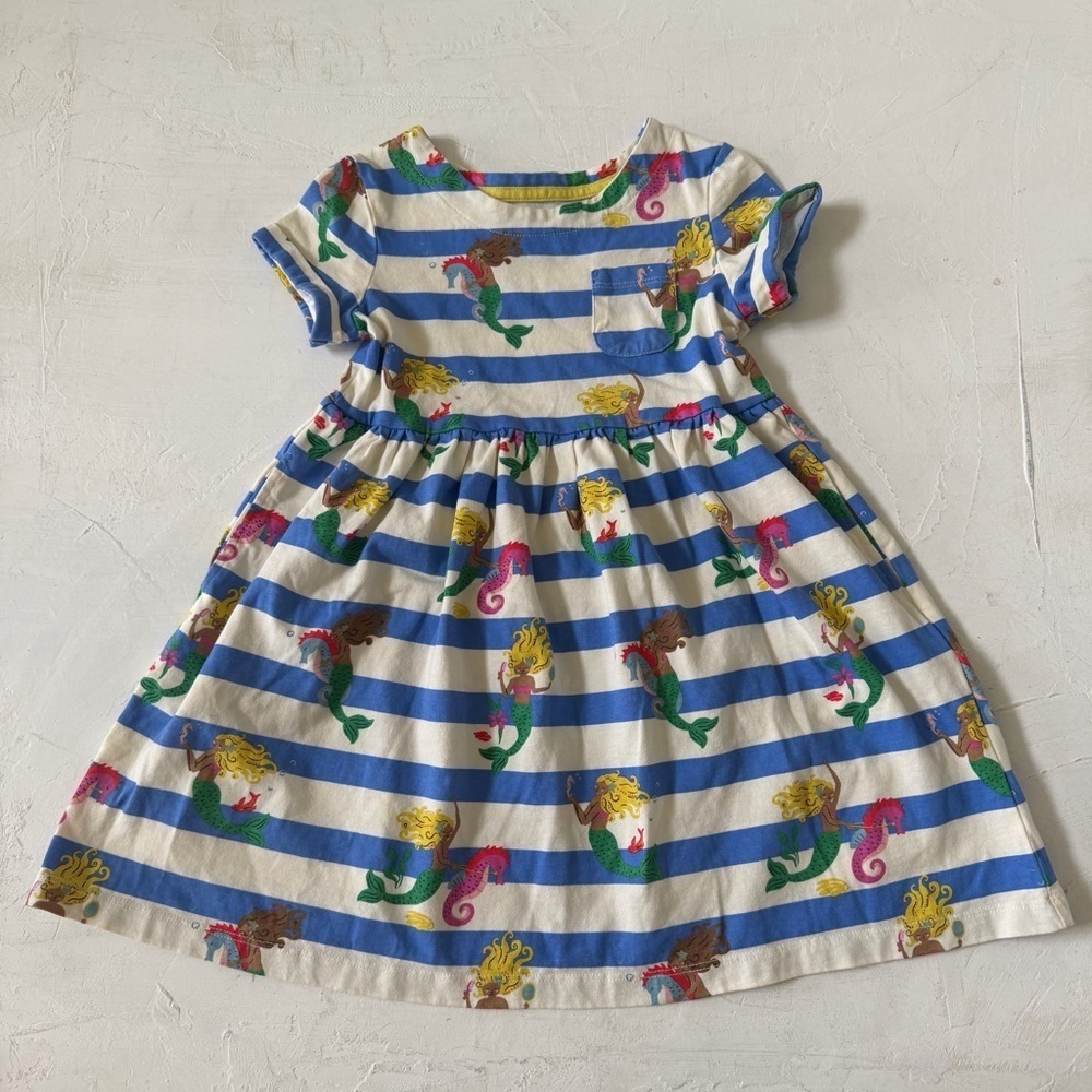 Mini Boden Kids' Print Cotton Jersey Dress Surf Blue Mermaid Stripe Size 5/6 - Picture 2 of 6